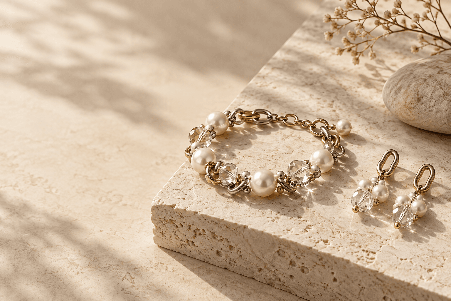 Pearl and crystal sVen bracelet with matching earrings on warm travertine